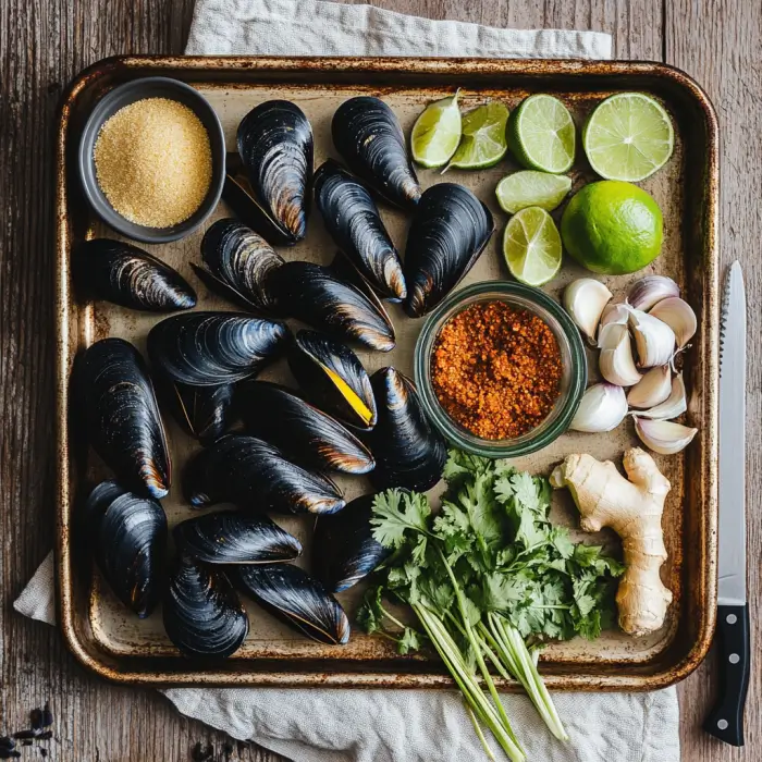 A top-down view of fresh ingredients for Thai coconut curry mussels on a wooden kitchen counter, including mussels, coconut milk, red curry paste, garlic, ginger, lemongrass, cilantro, lime, and brown sugar, arranged neatly with measuring tools and a kitchen towel.nn