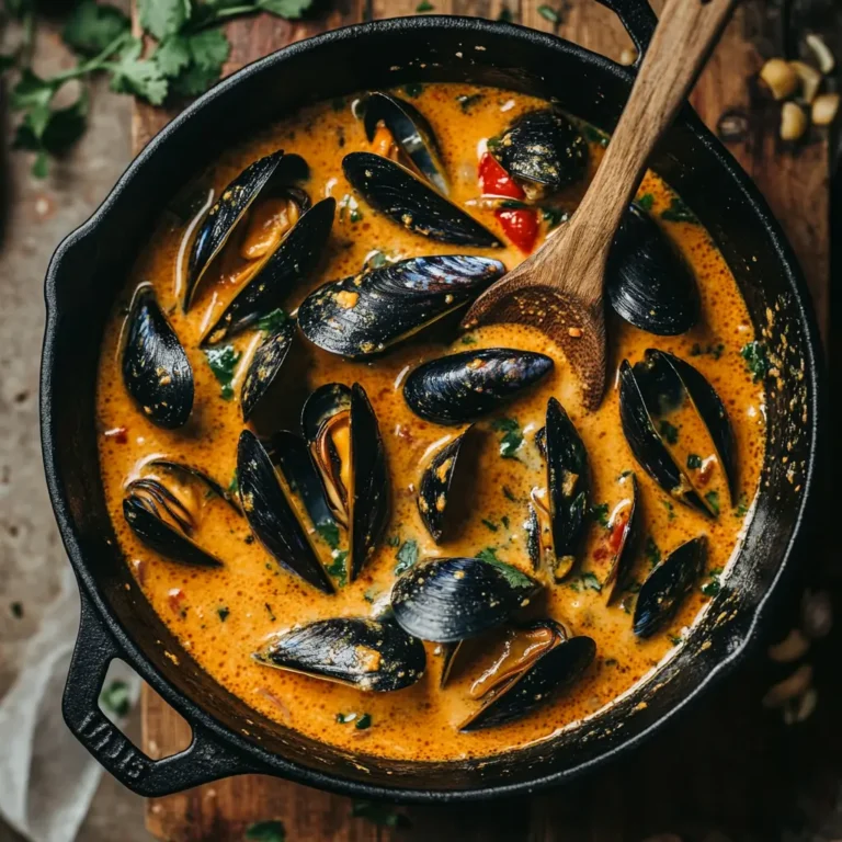 Mussels simmering in a bubbling red curry coconut broth inside a black cast iron Dutch oven, with steam rising and herbs floating in the rich sauce, surrounded by warm kitchen lighting and rustic textures.nn