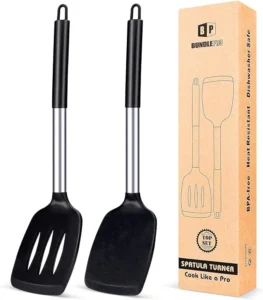 Pack of 2 Silicone Solid Turner, Non Stick Slotted Kitchen Spatulas, High Heat Resistant BPA Free Cooking Utensils, Ideal Cookware for Fish, Eggs, Pancakes(Black)