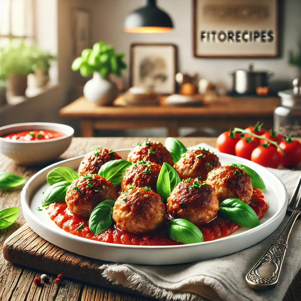 A plate of golden-brown baked meatballs garnished with fresh basil leaves and drizzled with tomato sauce, served on a white plate. The setting features a cozy rustic kitchen background with wooden accents and natural lighting, creating a warm and inviting atmosphere.