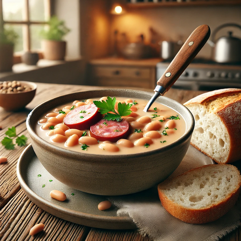 bowl-of-creamy-bean-soup-with-kielbasa-garnished-with-parsley-with-a-spoon-resting-inside-the-bowl.-The-bowl-is-placed-on-a-rustic-woode