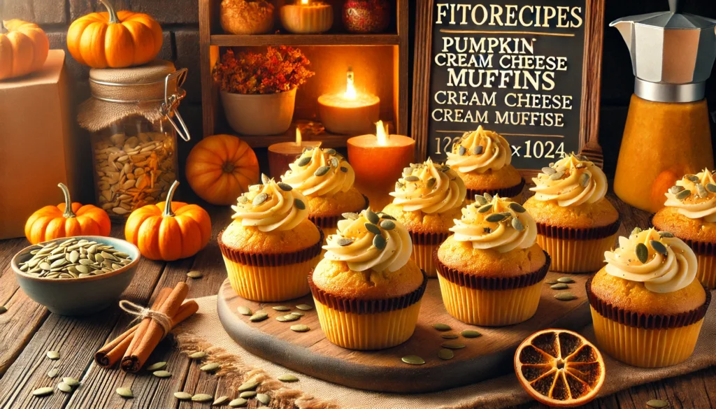 Homemade pumpkin cream cheese muffins with swirls of cream cheese filling and topped with pumpkin seeds, displayed in a cozy autumn-themed kitchen with FitoRecipes branding on the wall. Inspired by Starbucks, perfect for fall treats.