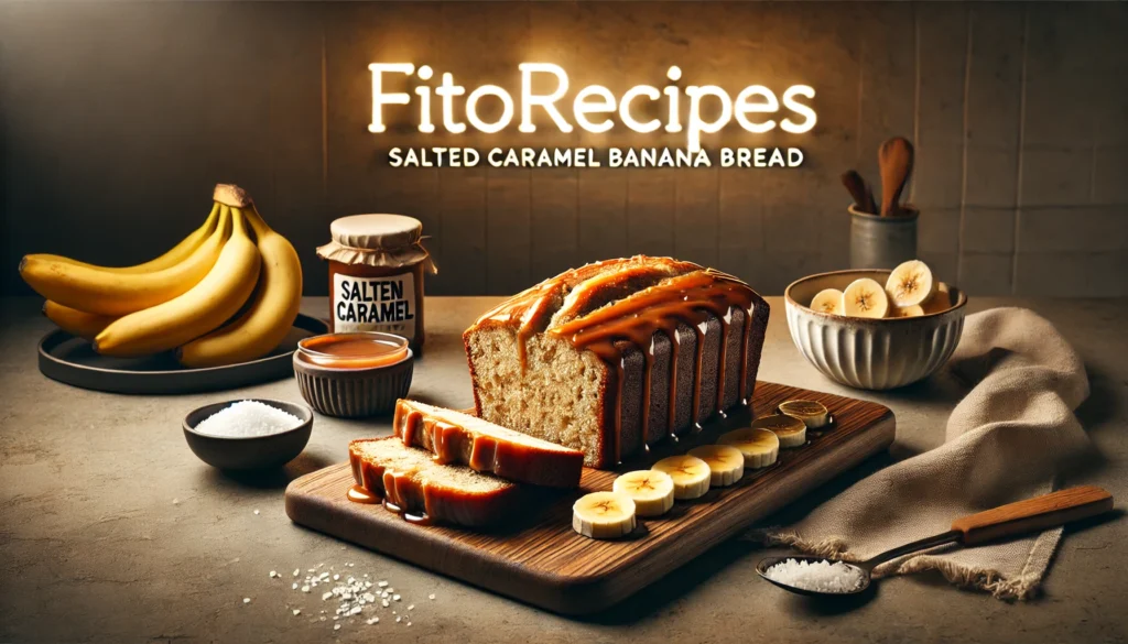 A beautifully sliced loaf of Salted Caramel Banana Bread on a rustic wooden board, drizzled with caramel sauce. Fresh banana slices and a jar of caramel sauce are arranged around the bread for a cozy, homemade feel. The FitoRecipes logo is illuminated in LED lighting on the wall in the background, adding a warm, inviting touch to the scene.