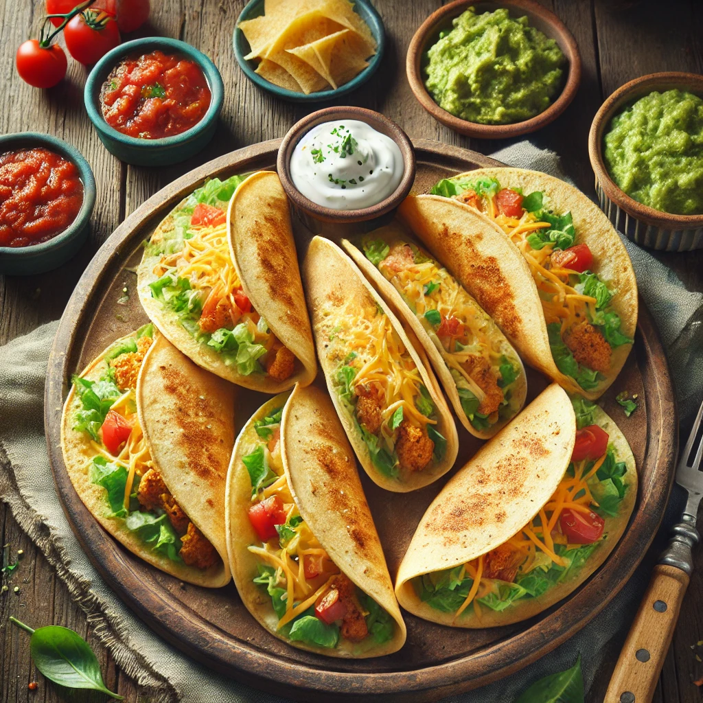 A final presentation of oven-baked tacos with golden, crispy shells filled with seasoned meat and melted cheese, topped with fresh lettuce, diced tomatoes, and sour cream. The tacos are arranged neatly on a rustic wooden plate with salsa and guacamole on the side, captured in natural lighting with a home-cooked vibe