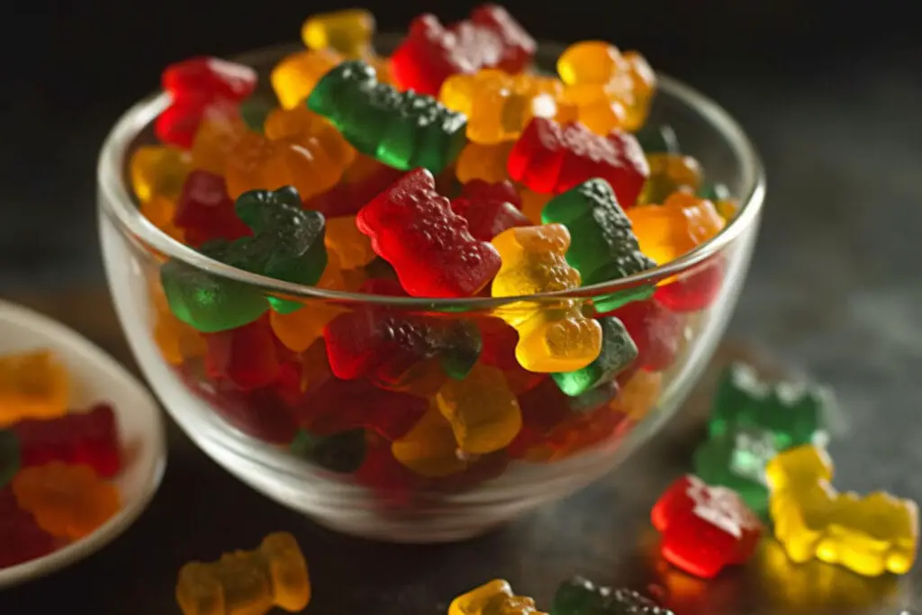 "Homemade sugar-free gummy bears in various vibrant colors arranged on a wooden table."