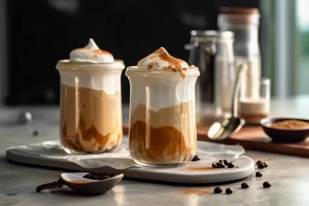 "A glass of creamy whipped coffee topped with cocoa powder served over iced milk."