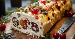 Festive Holiday Antipasto Cream Cheese Log decorated with olives and peppers on a rustic wooden board