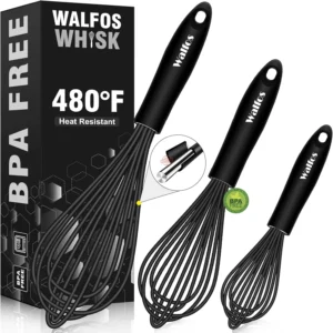 Walfos Silicone Whisk,Stainless Steel Wire Whisk Set of 3 -Heat Resistant 480°F Kitchen Whisks for Non-stick Cookware,Balloon Egg Beater Perfect for Blending,Whisking,Beating,Frothing & Stirring,Black