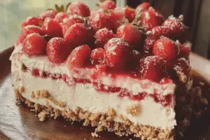 Close-up of a no-bake strawberry crunch cheesecake with a creamy filling, fresh strawberry topping, and a golden graham cracker crust.