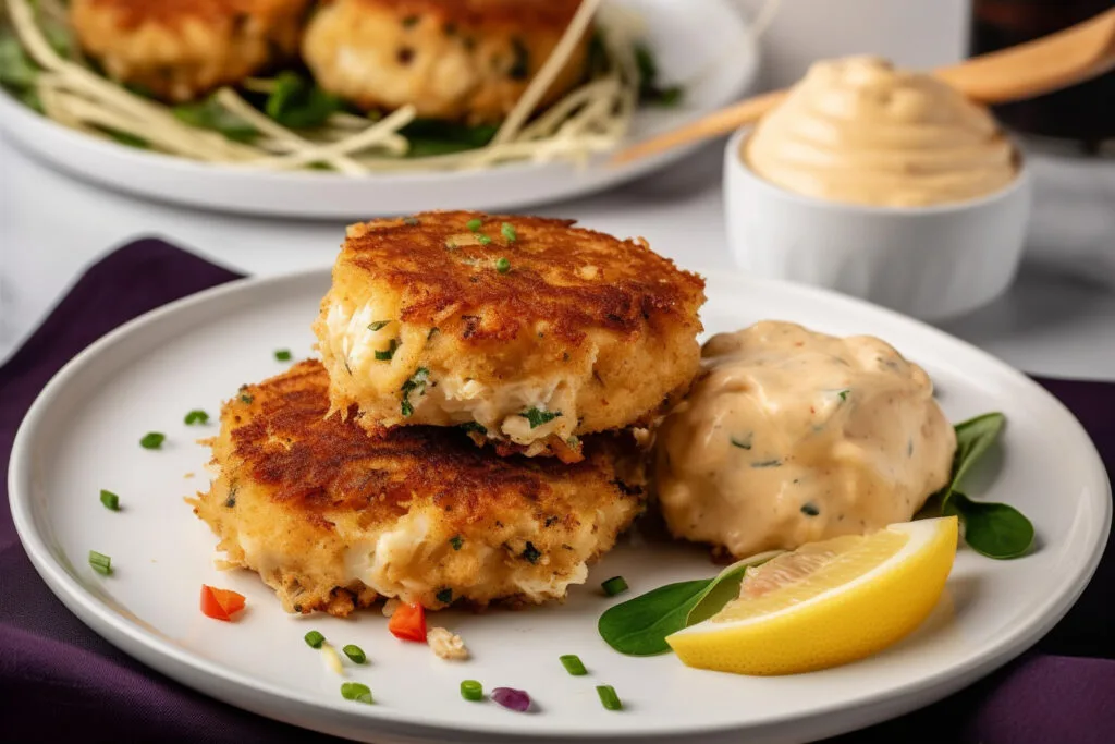 Golden Maryland-style crab cakes on a plate garnished with lemon wedges and parsley