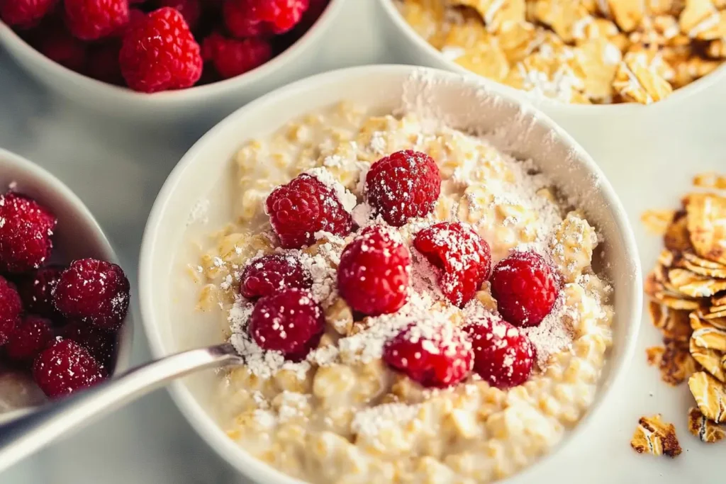 Cooking protein oatmeal in a saucepan with milk and oats simmering on a stovetop.