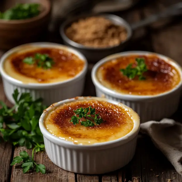 "Luxurious Crab Crème Brûlée served in white ramekins with a caramelized crust, garnished with fresh parsley and lemon zest, on a rustic wooden table."