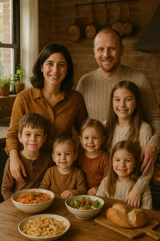 A warm family portrait of Lucia Romano, her husband, and their four smiling children gathered around a rustic kitchen table in Boston. They are surrounded by fresh homemade Italian food including pasta, salad, and bread, with soft natural light creating a cozy, welcoming atmosphere.