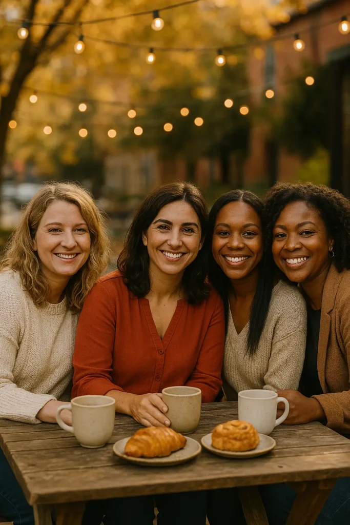Lucia Romano sits at an outdoor café table in autumn, smiling with three close friends of diverse backgrounds. The group enjoys warm drinks and pastries under glowing string lights, creating a cozy and inviting scene of friendship and shared moments.
